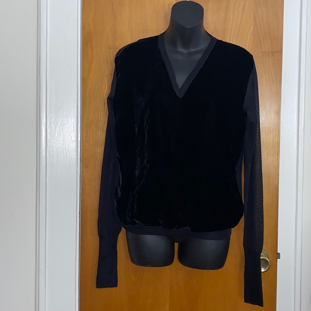 Black v neck top velvet and silk. black